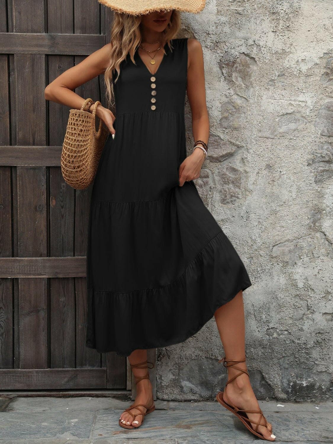 Decorative Button Notched Sleeveless Dress - Love Salve