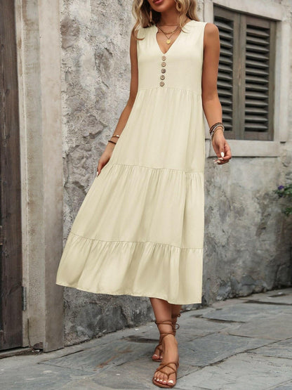 Decorative Button Notched Sleeveless Dress - Love Salve