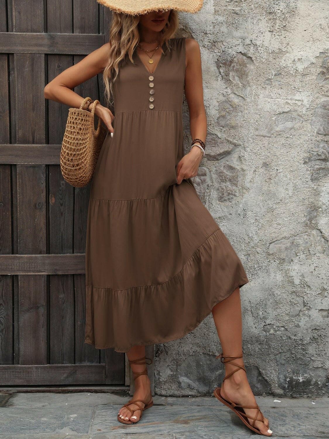 Decorative Button Notched Sleeveless Dress - Love Salve