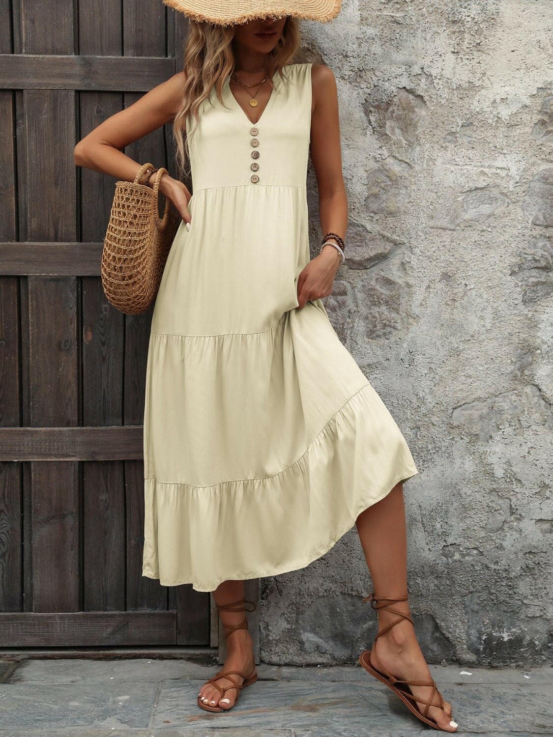 Decorative Button Notched Sleeveless Dress - Love Salve