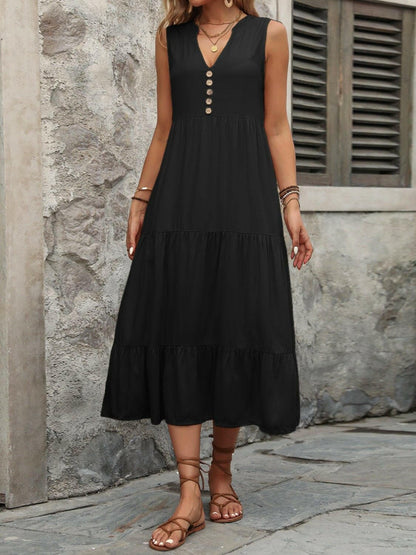 Decorative Button Notched Sleeveless Dress - Love Salve