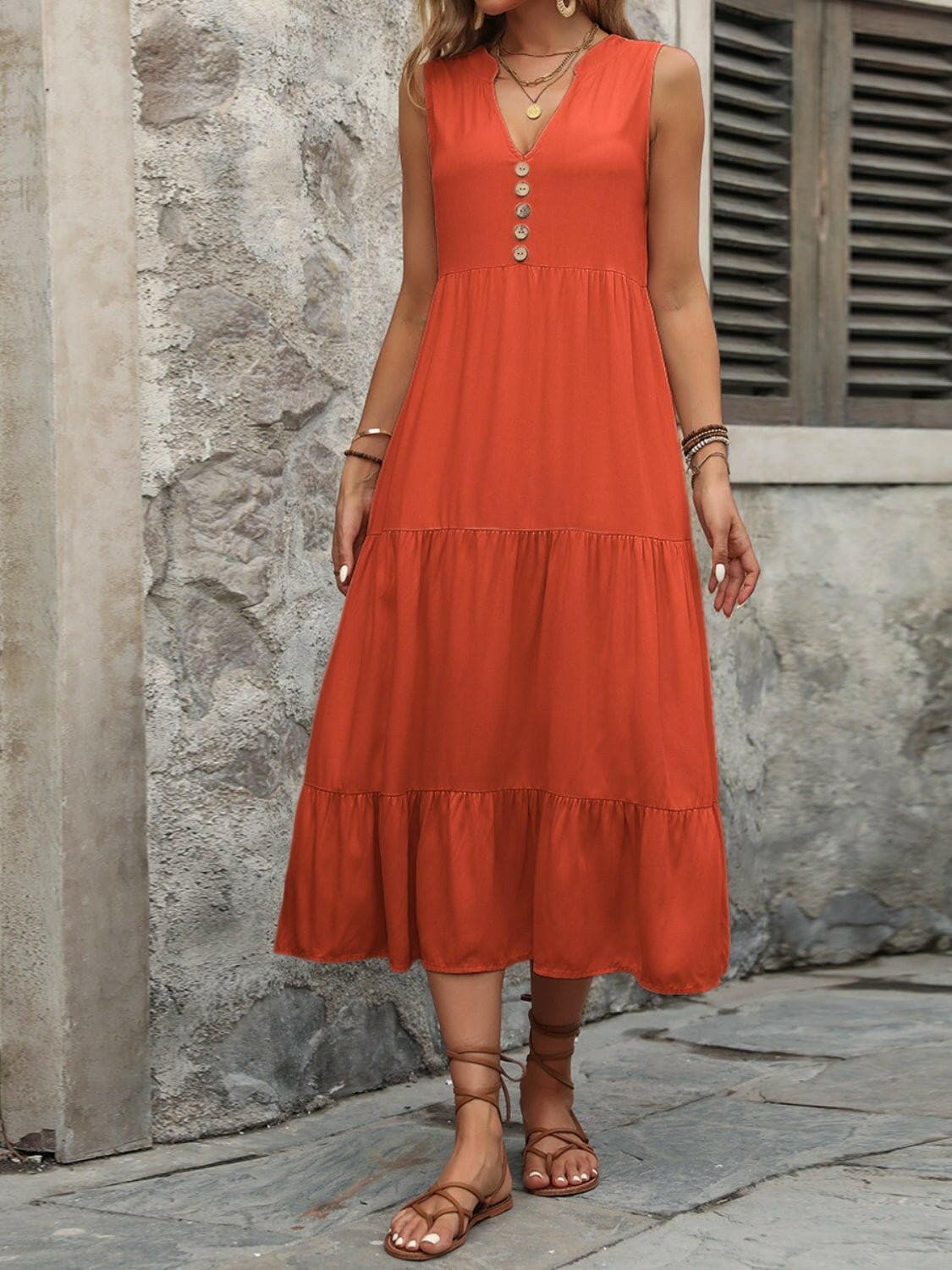 Decorative Button Notched Sleeveless Dress - Love Salve