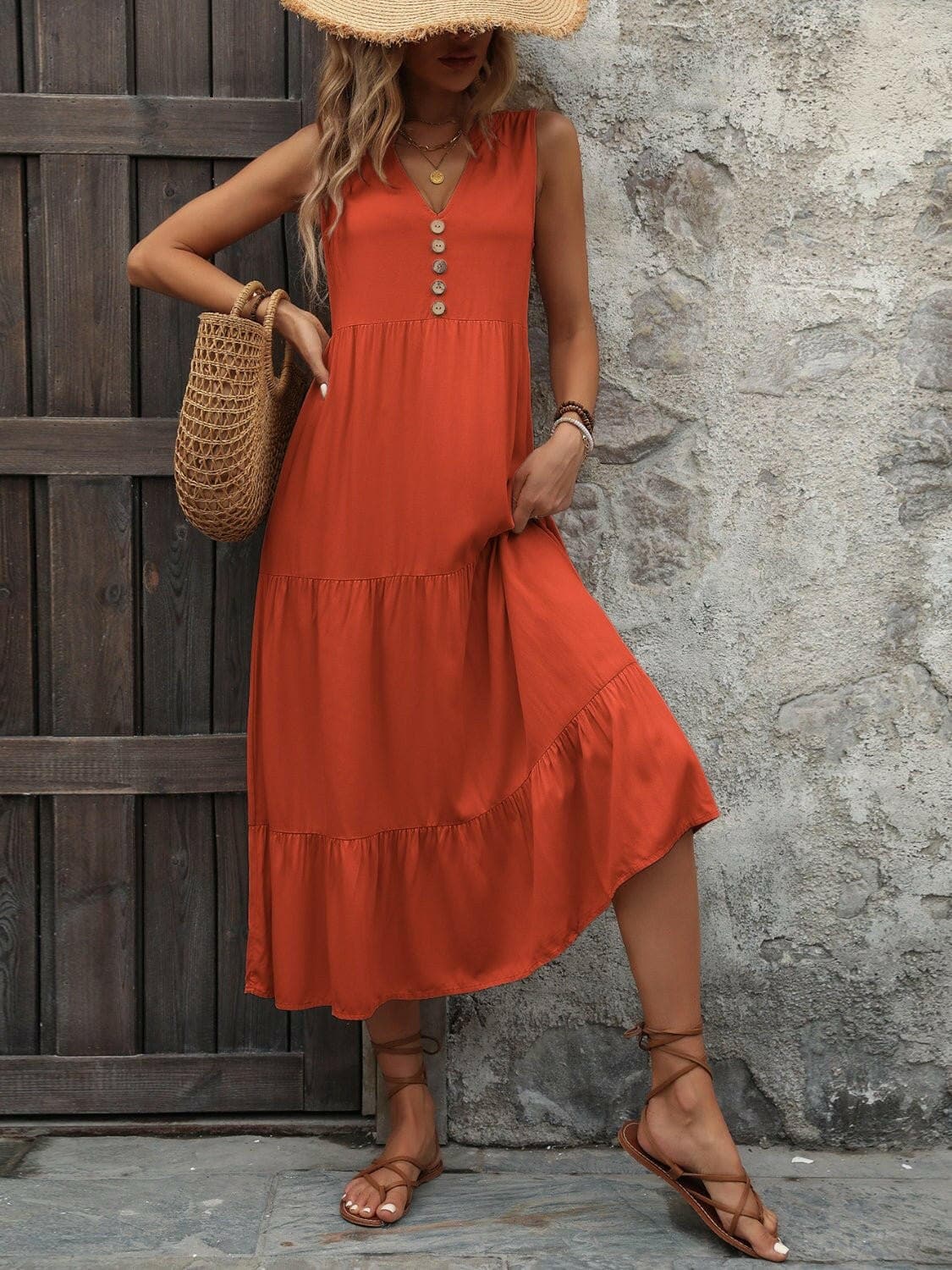 Decorative Button Notched Sleeveless Dress - Love Salve