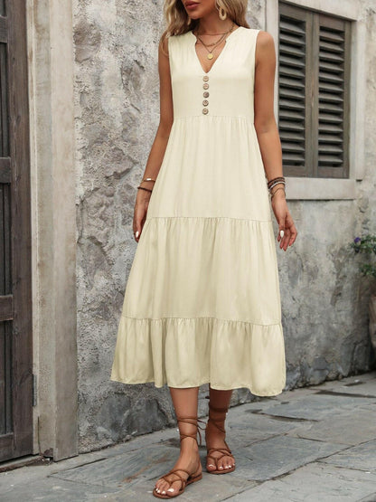 Decorative Button Notched Sleeveless Dress - Love Salve