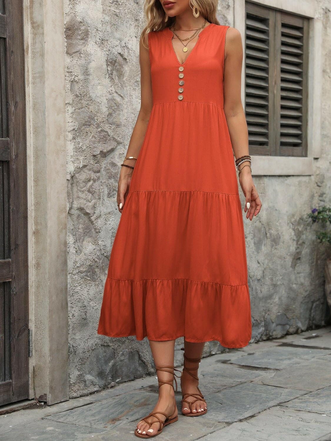 Decorative Button Notched Sleeveless Dress - Love Salve