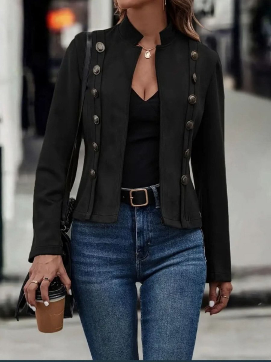 Decorative Button Open Front Long Sleeve Jacket - Love Salve 
