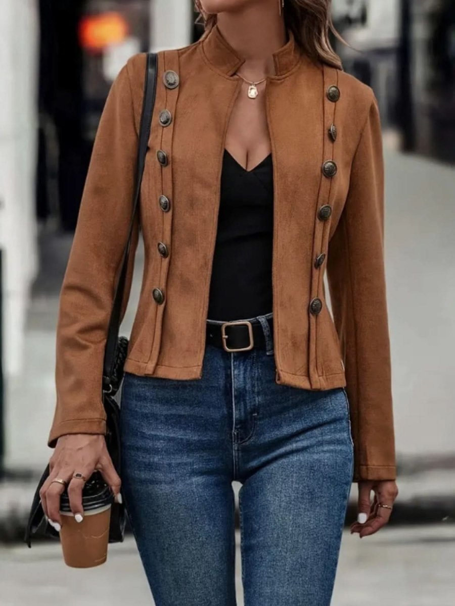 Decorative Button Open Front Long Sleeve Jacket - Love Salve 