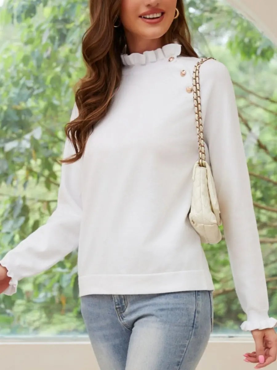 Decorative Button Turtleneck Long Sleeve T-Shirt - Love Salve 