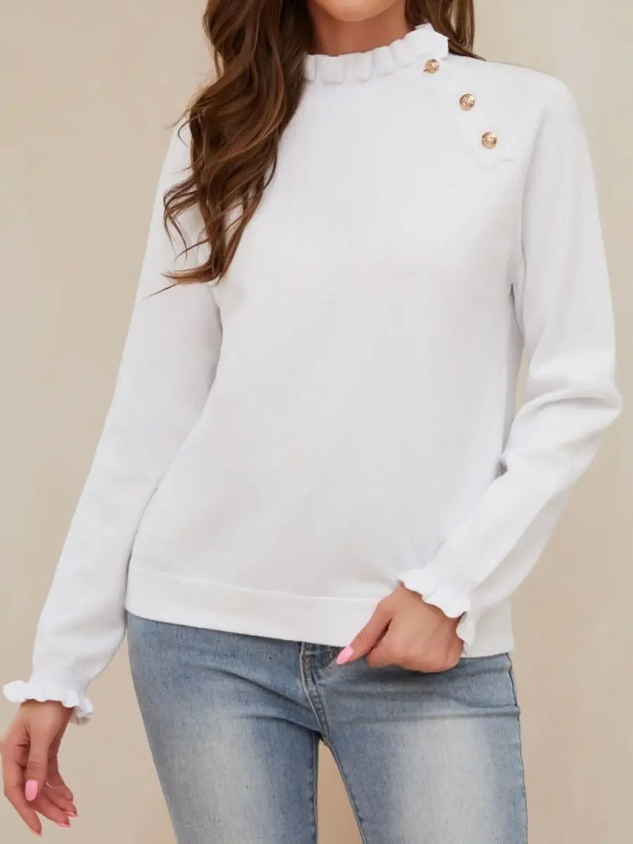 Decorative Button Turtleneck Long Sleeve T-Shirt - Love Salve 