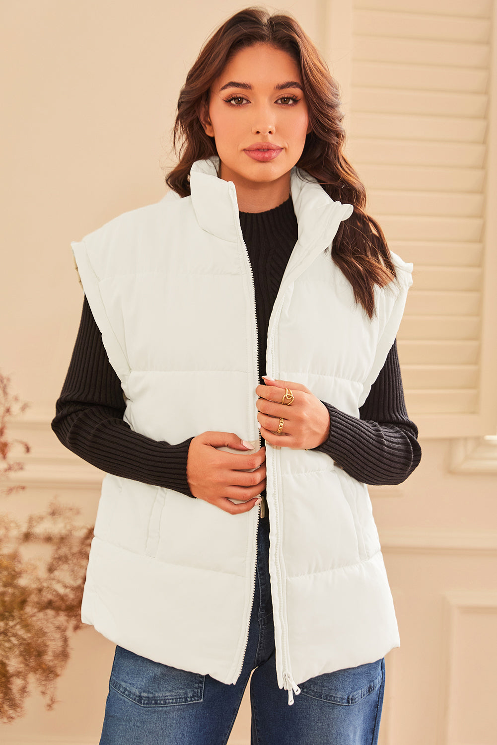 Beige Zipper Stand Neck Oversized Puffer Vest Love Salve