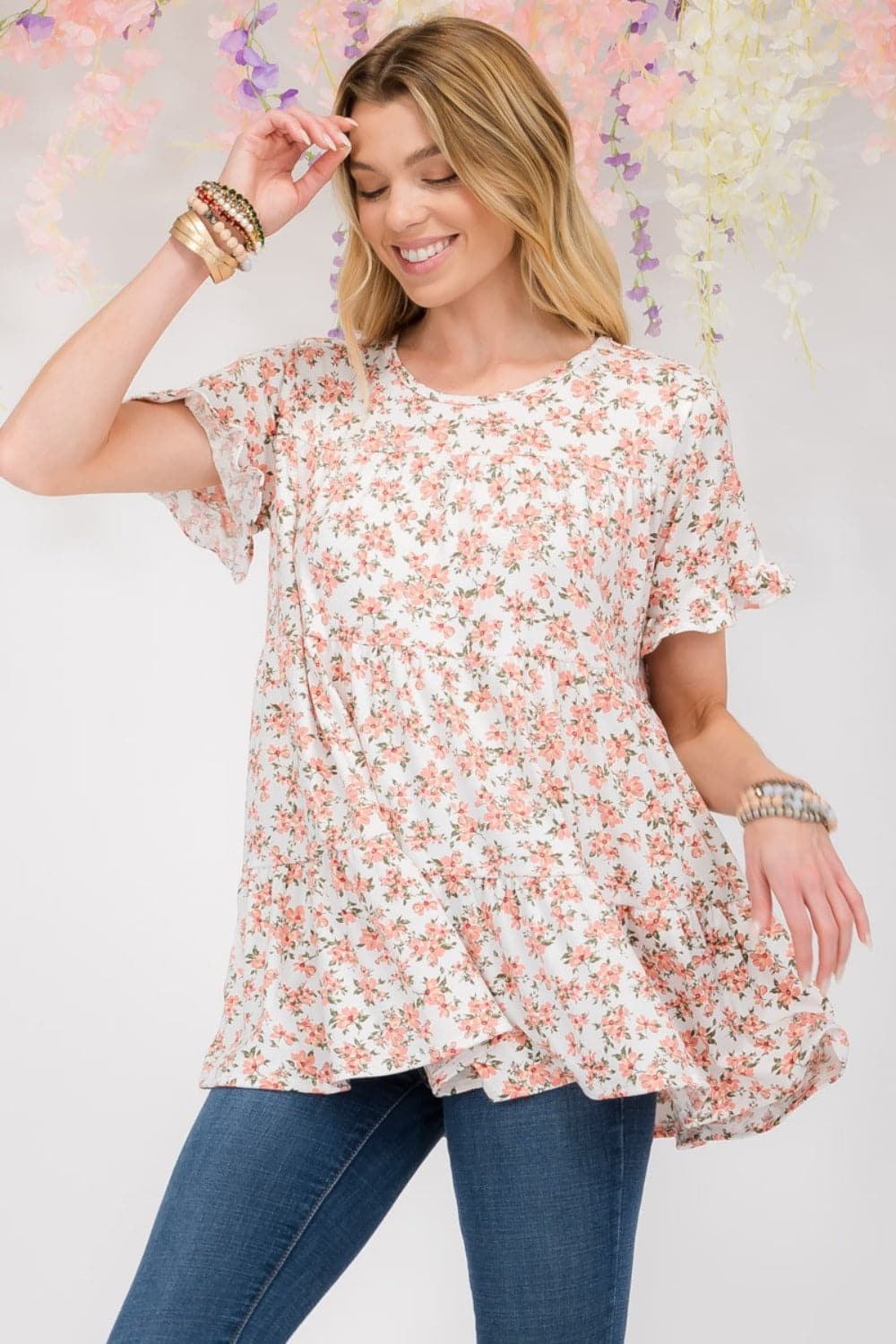 Celeste Full Size Floral Ruffled Short Sleeve Blouse.