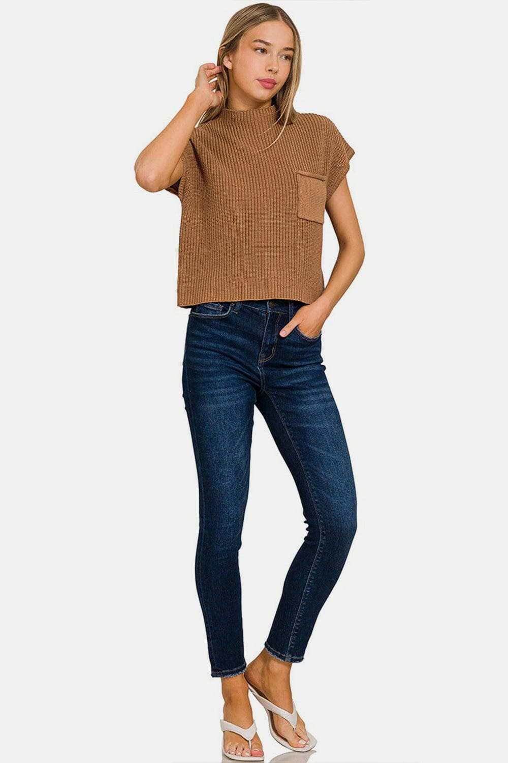 Zenana Mock Neck Short Sleeve Cropped Sweater.