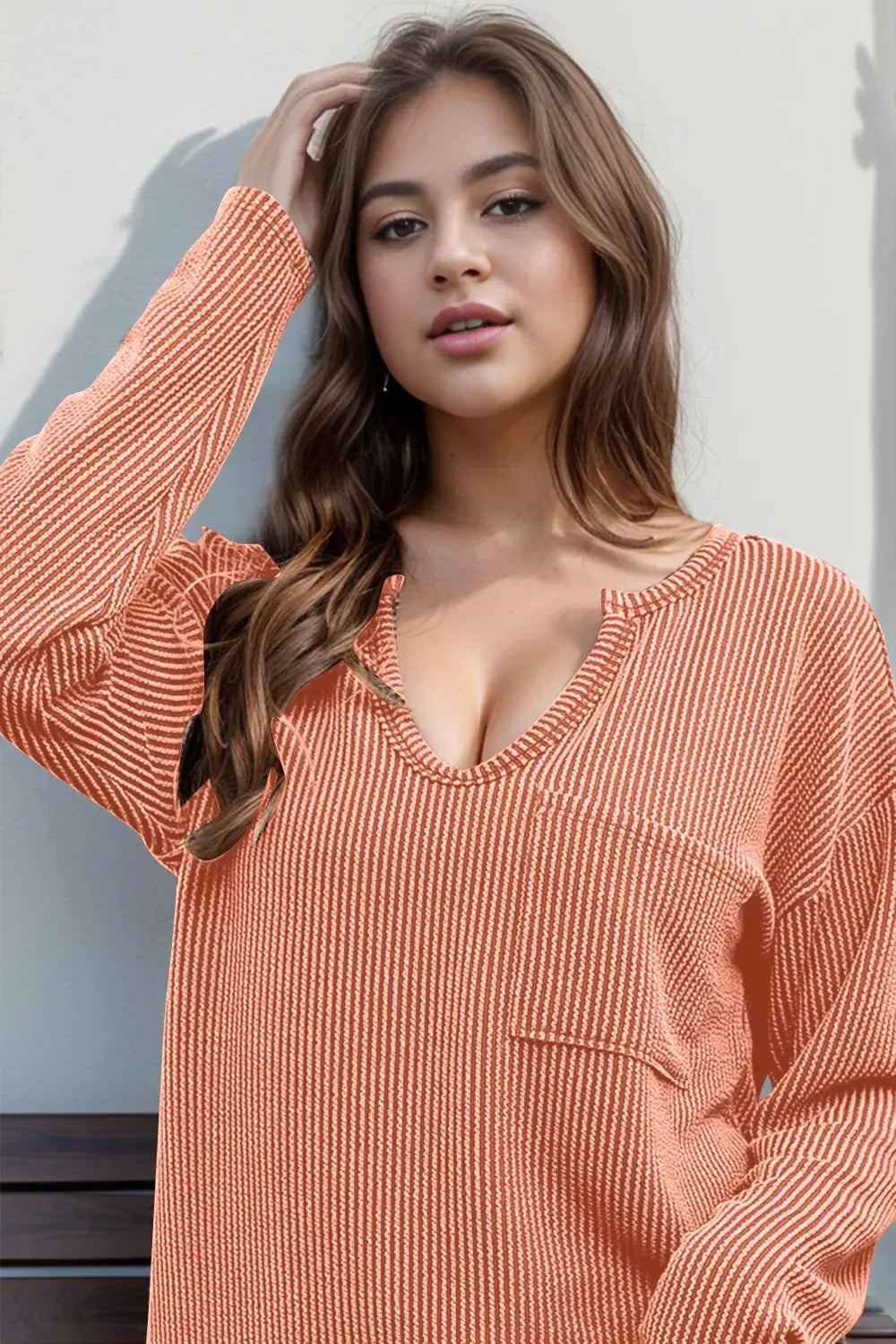Double Take Striped Notched Long Sleeve T-Shirt - Love Salve