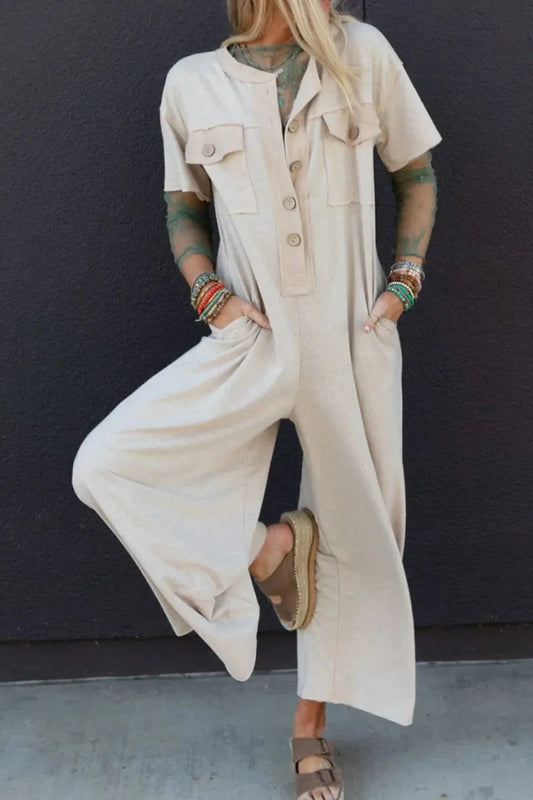 Pocket Front Short Sleeve Wide Leg Jumpsuit Simply Love