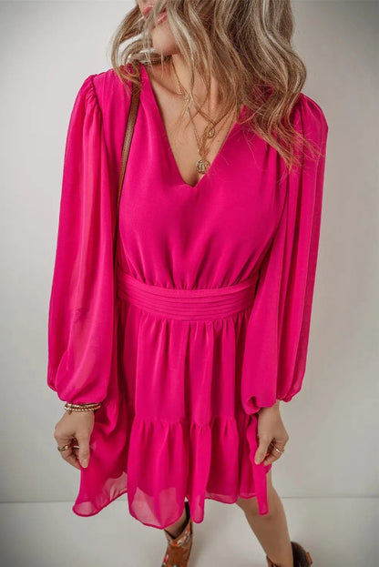 Ruffled Sheer V-Neck Dress with Opaque Stretch Comfort