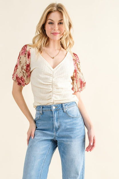 Floral print textured sleeve top