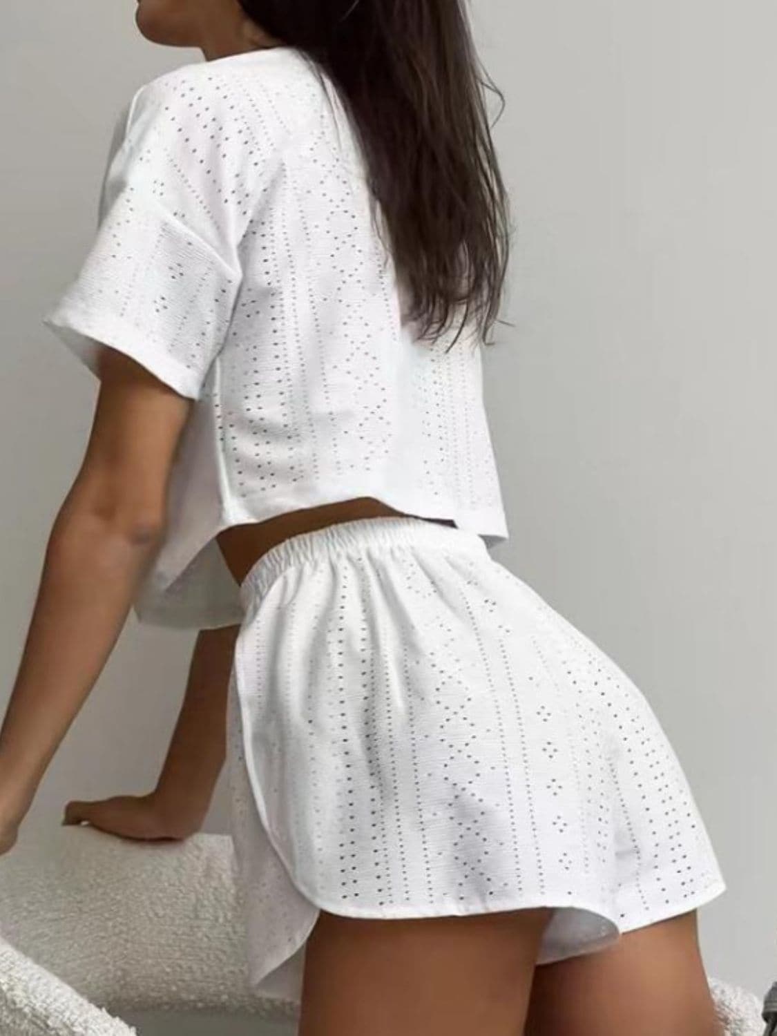 Eyelet Round Neck Top and Shorts Set.