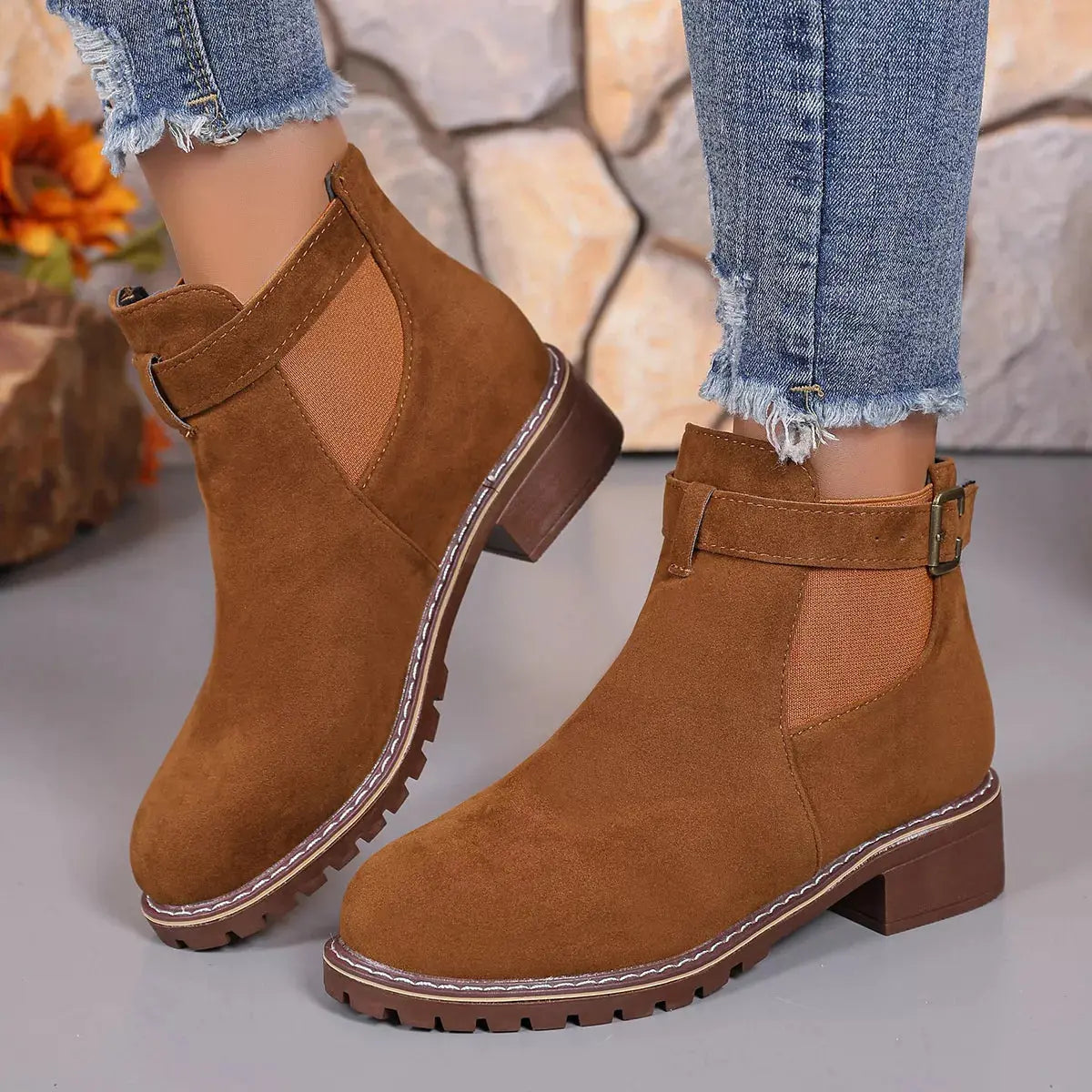 Women Round Toe Block Heel Ankle Boots Buckle Strap PU Leather Black Simply Love