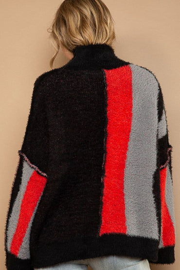 POL Turtleneck Color Block Fringe Detail Sweater.