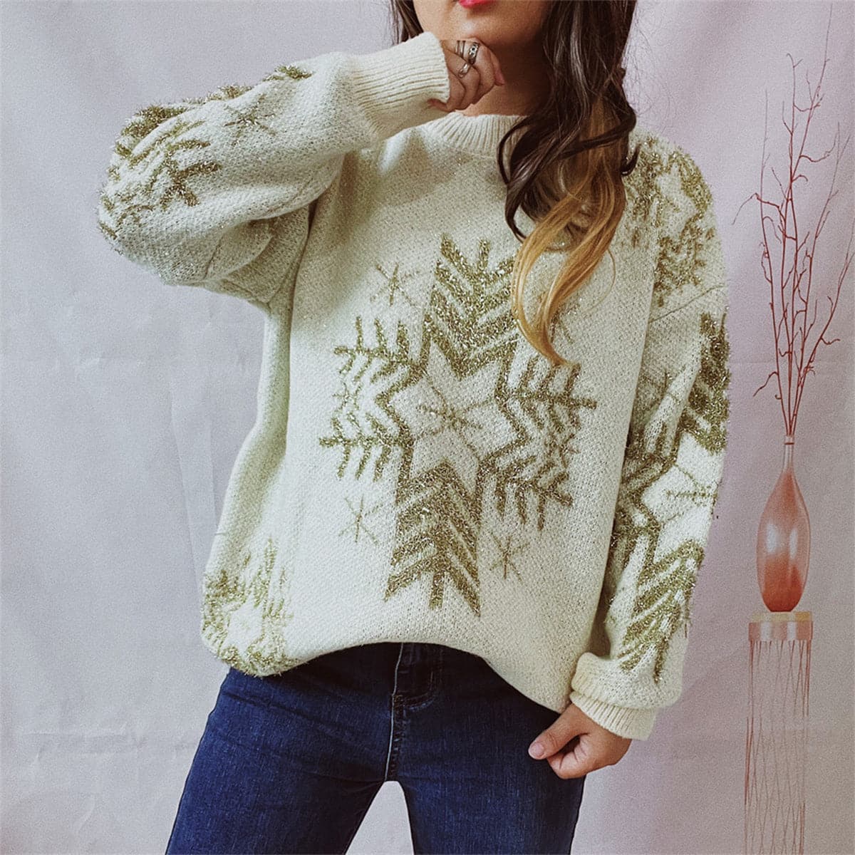 Snowflake Pattern Long Sleeve Sweater.