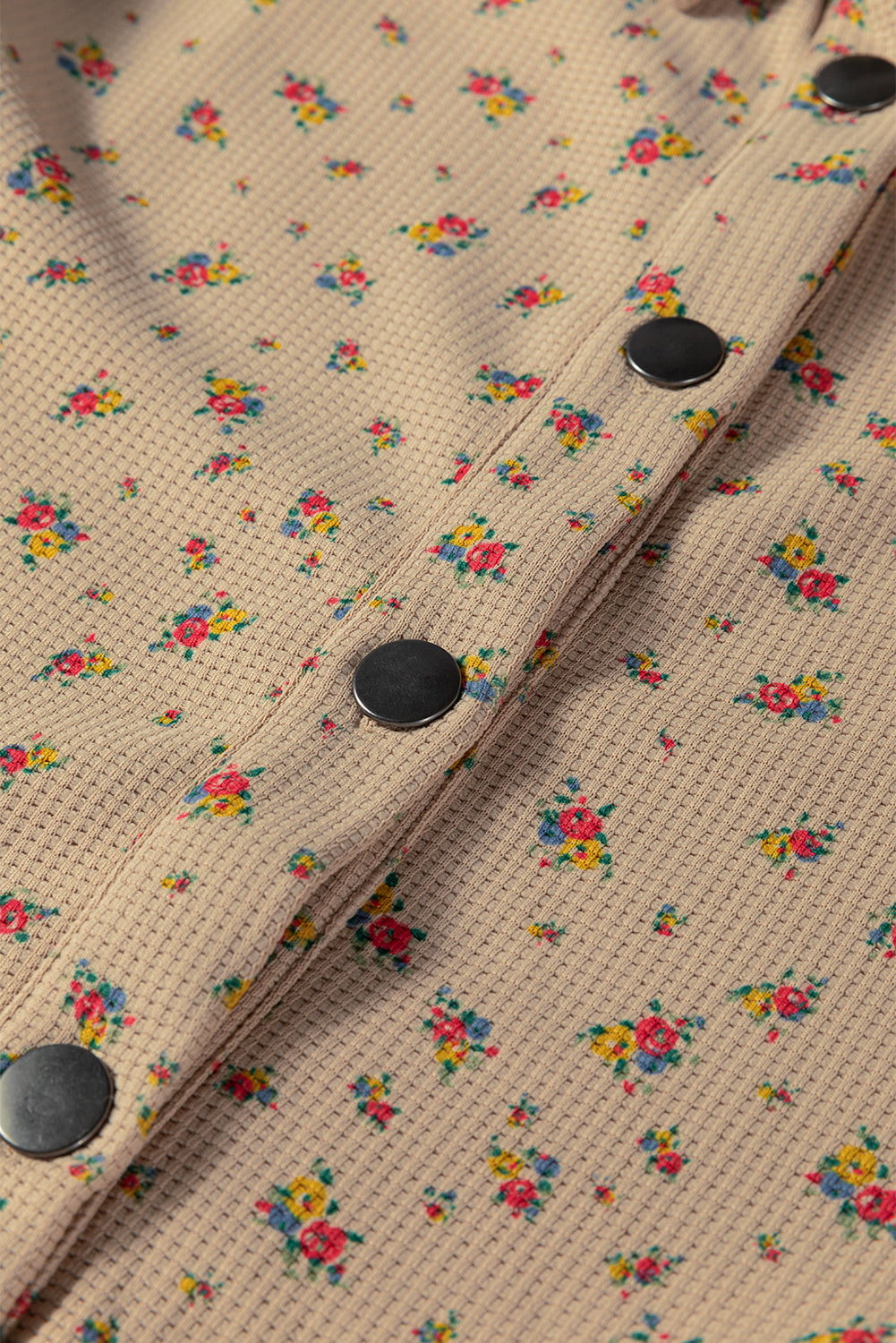 Oatmeal Boho Floral Plaid Patchwork Shacket With Distressed Details And Ruffled Sleeves In Waffle Knit Dear-Lover Dropshipping