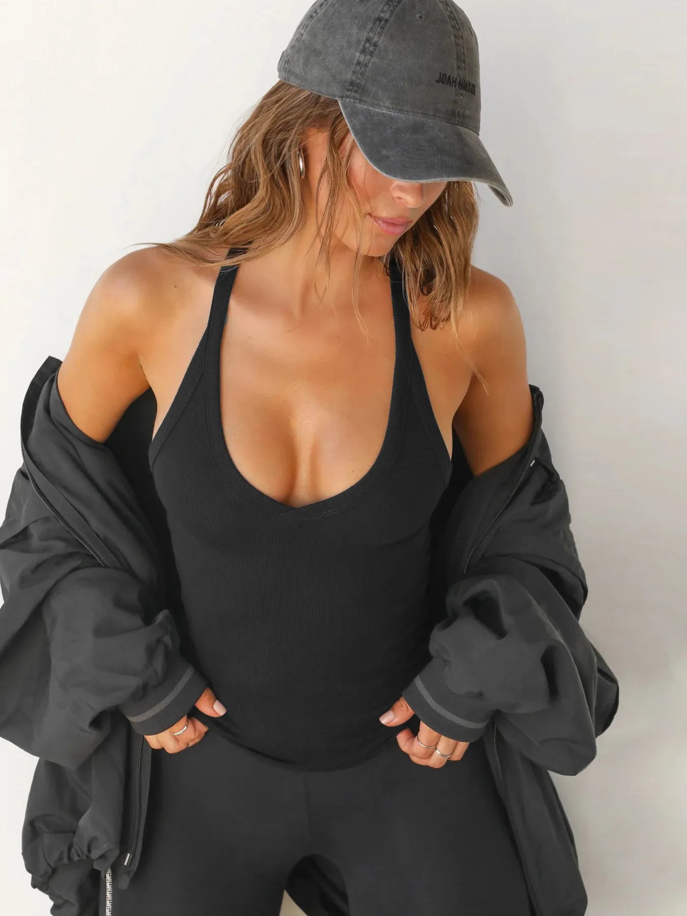 Ribbed V-Neck Halter Tank Top