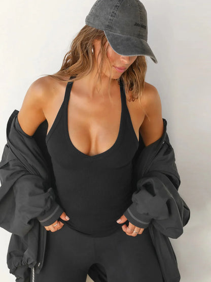 Ribbed V-Neck Halter Tank Top