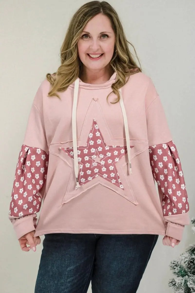 Delicacy Star Patch Graphic Floral Color Block Drawstring Plus Size Hoodie - Love Salve 