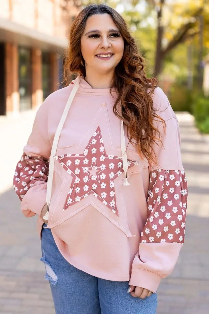 Delicacy Star Patch Graphic Floral Color Block Drawstring Plus Size Hoodie - Love Salve 