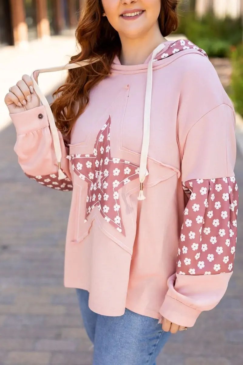 Delicacy Star Patch Graphic Floral Color Block Drawstring Plus Size Hoodie - Love Salve 
