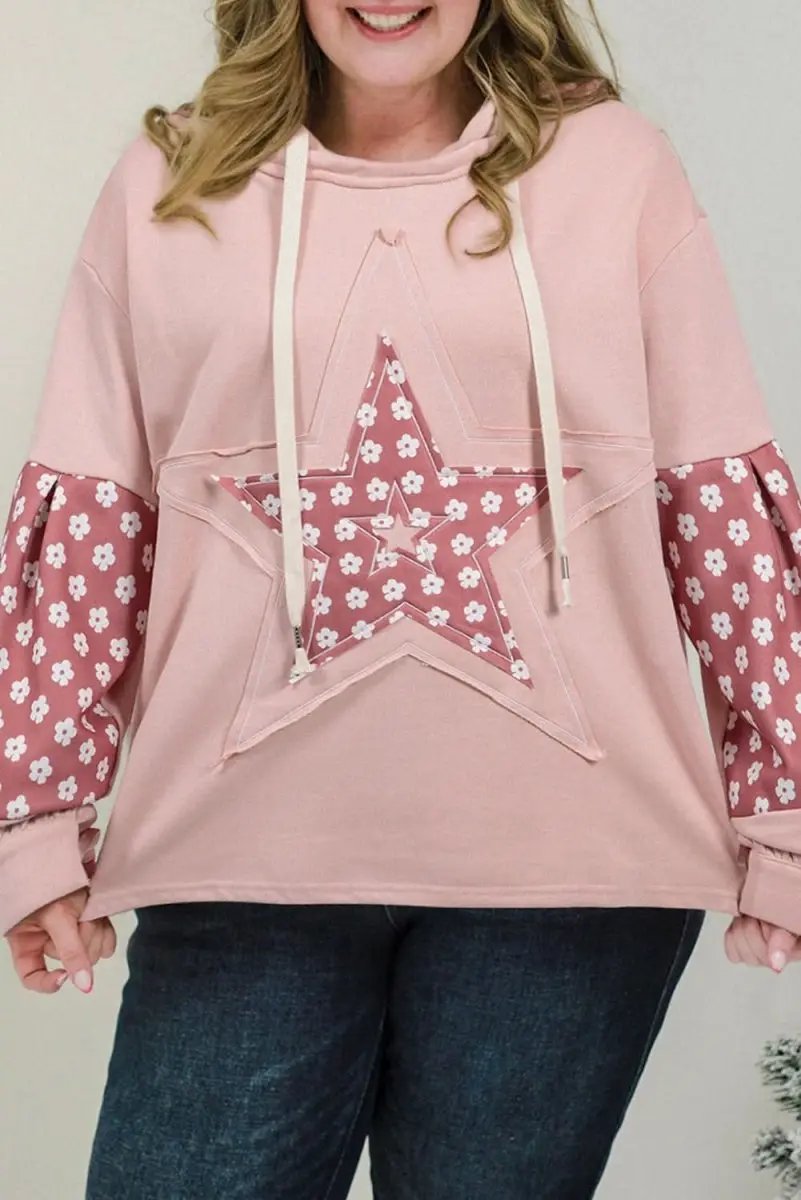 Delicacy Star Patch Graphic Floral Color Block Drawstring Plus Size Hoodie - Love Salve 