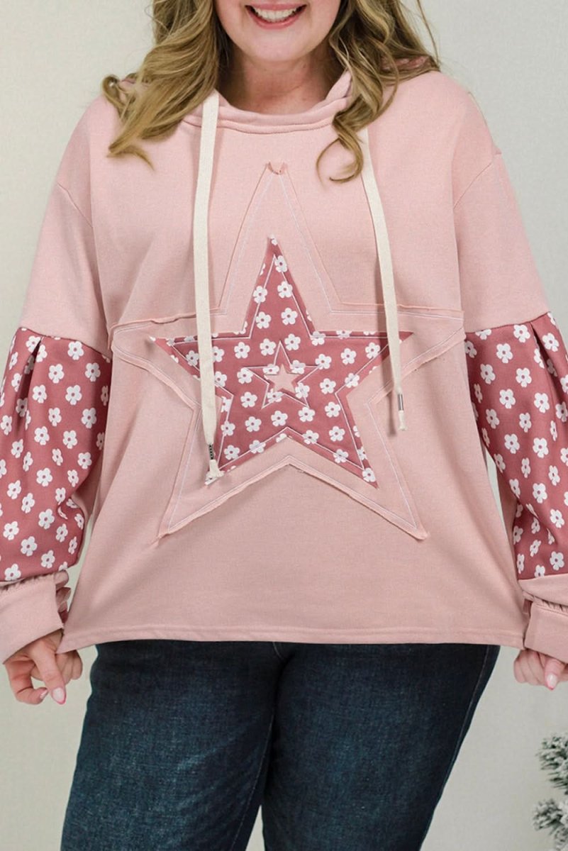 Delicacy Star Patch Graphic Floral Color Block Drawstring Plus Size Hoodie - Love Salve