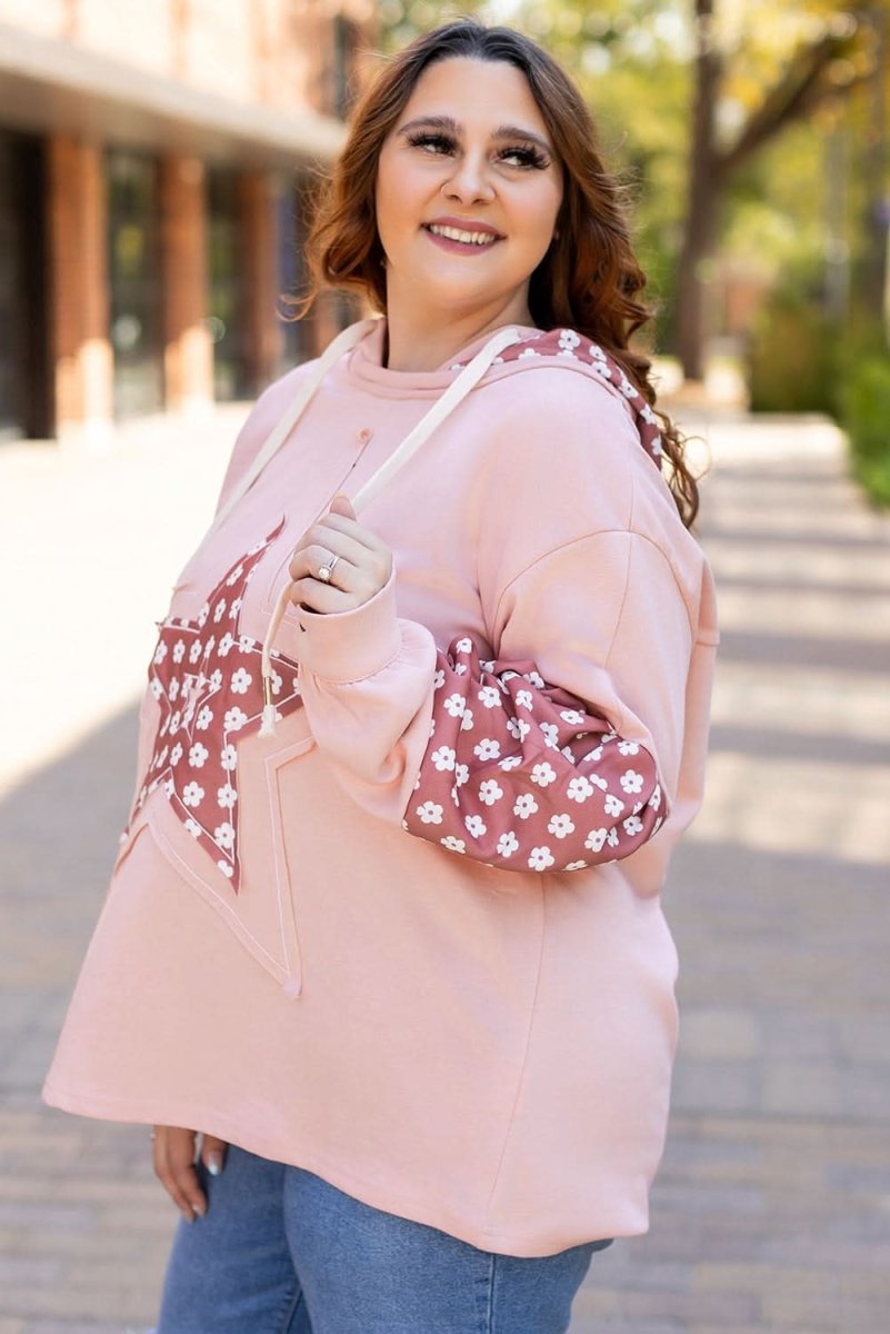 Delicacy Star Patch Graphic Floral Color Block Drawstring Plus Size Hoodie - Love Salve 