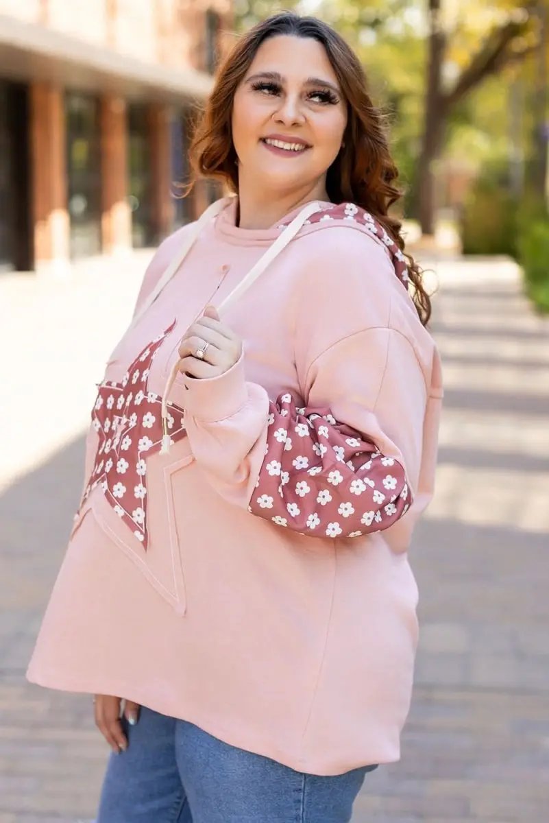 Delicacy Star Patch Graphic Floral Color Block Drawstring Plus Size Hoodie - Love Salve 