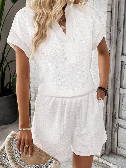 Eyelet Embroidered Button-Up Jumpsuit