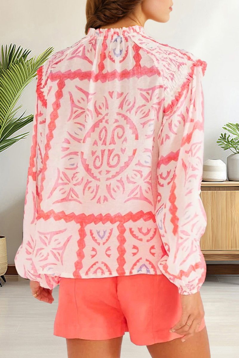 Desert Flower Vintage Print Smocked Poet Collar Blouse - Love Salve 