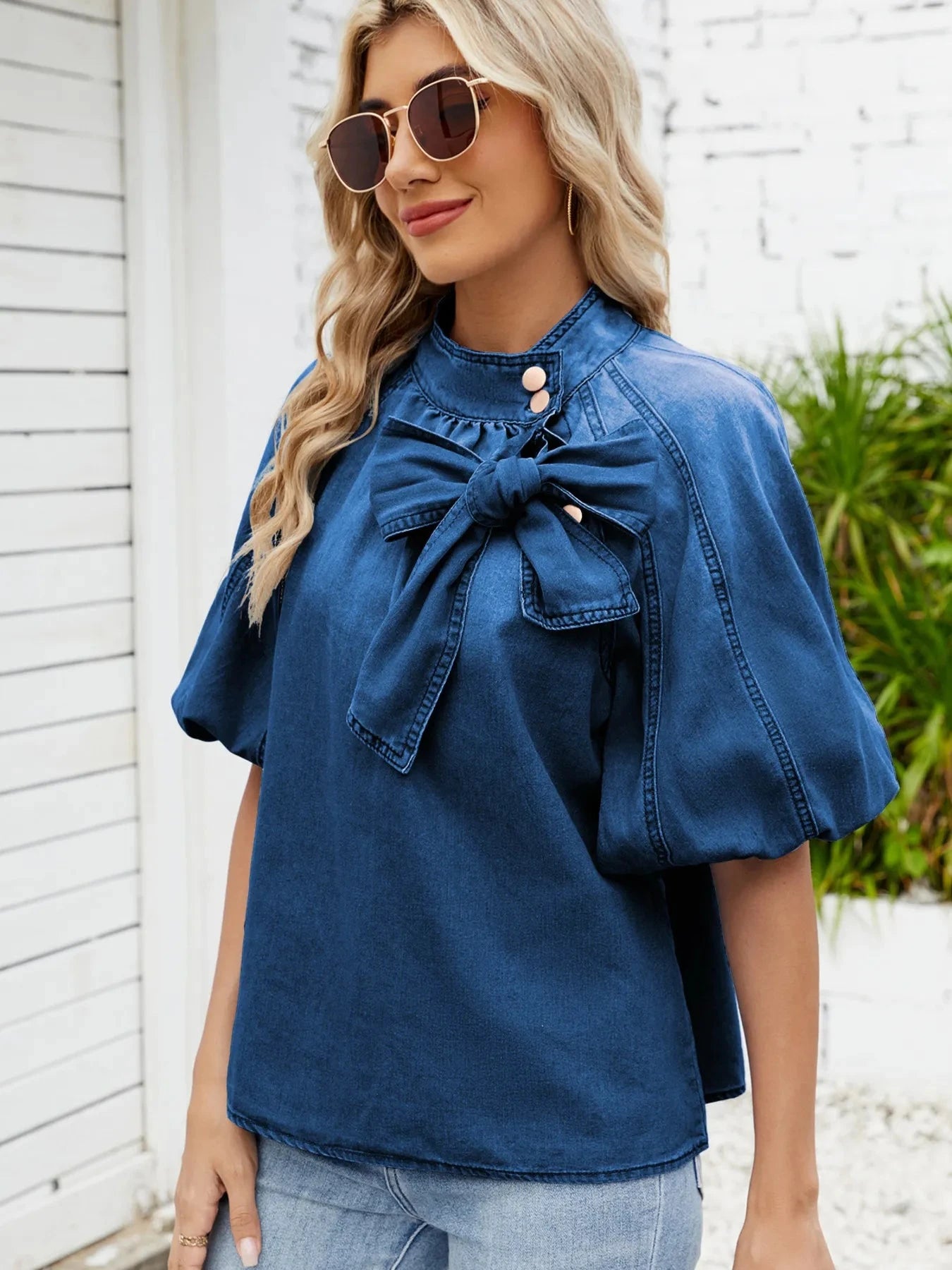 Denim Bow Tie Puff Sleeve Top Coco’s Tee Boutique