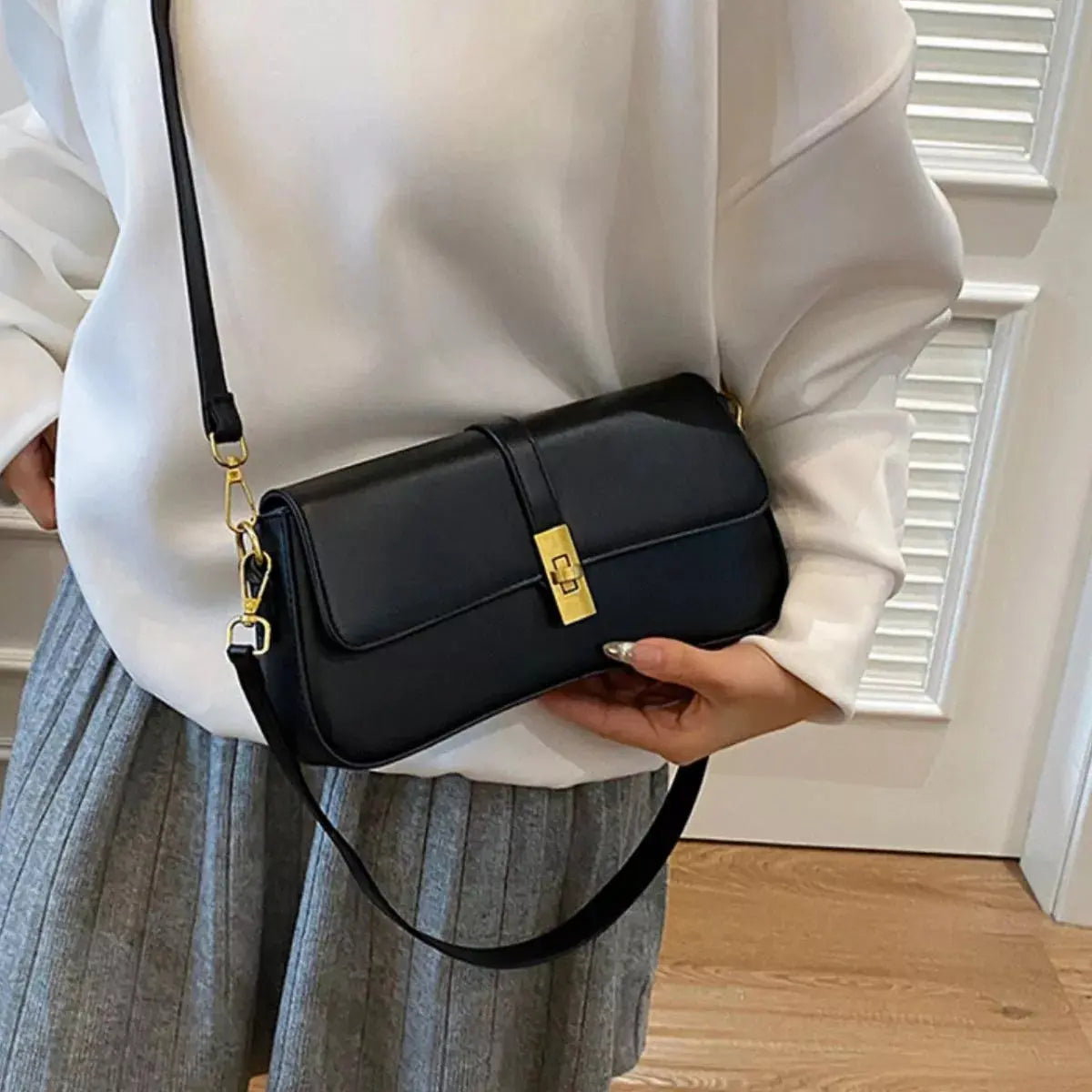Rectangular Crossbody Bag with Golden Buckle Simply Love