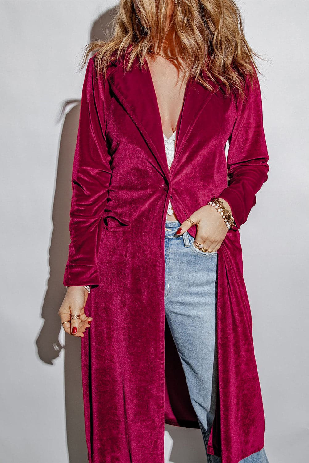 Collared Neck Longline Velvet Cardigan with Pockets.