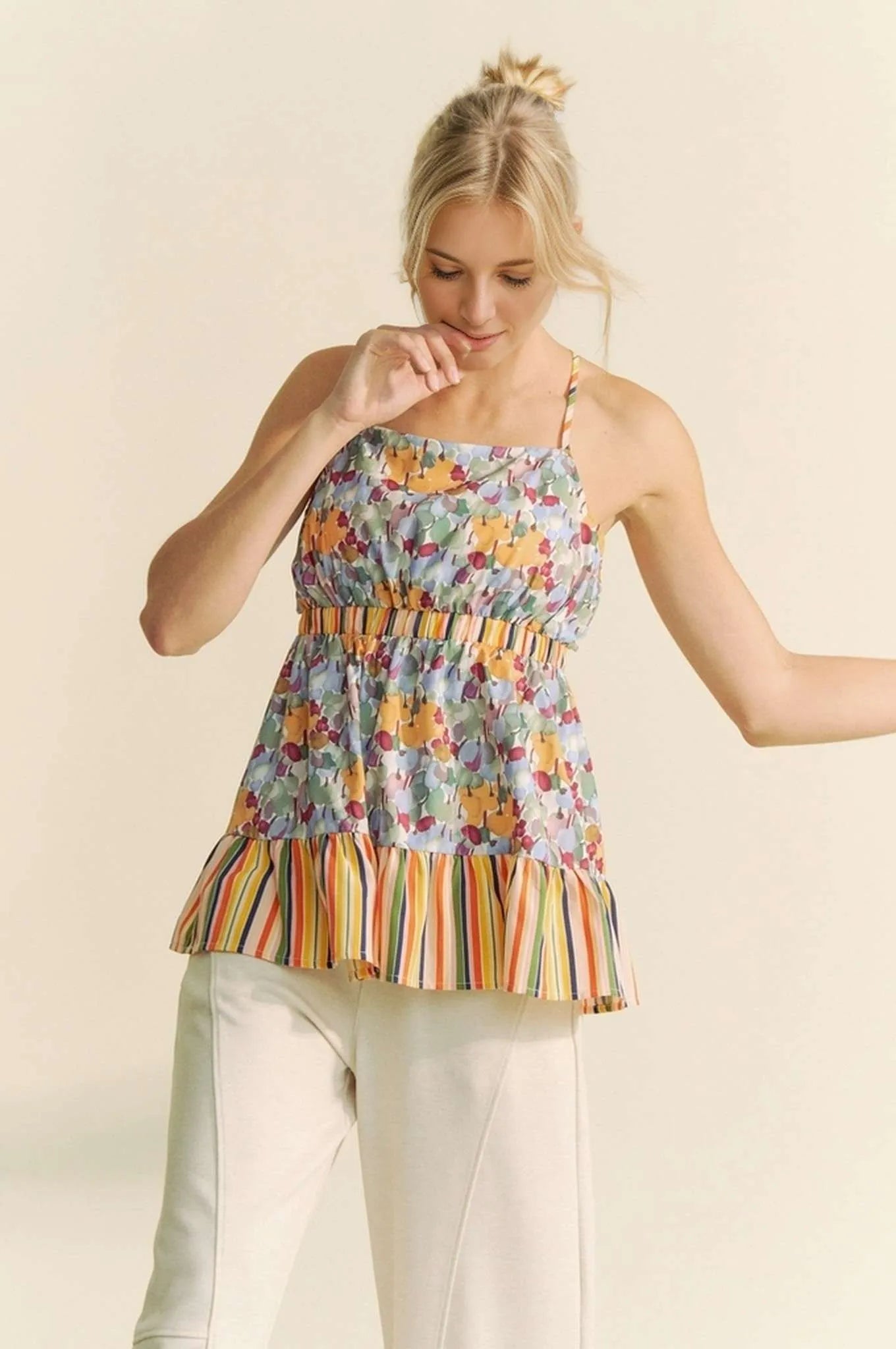 Davi & Dani Floral Smocked Sleeveless Ruffle Back Tie Top - Love Salve 