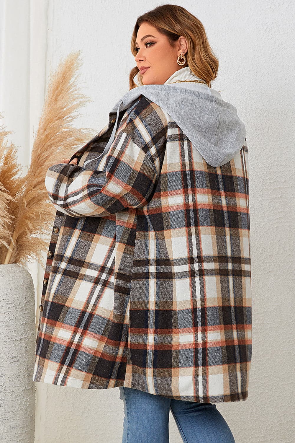 Plus Size Plaid Drop Shoulder Hooded Coat.