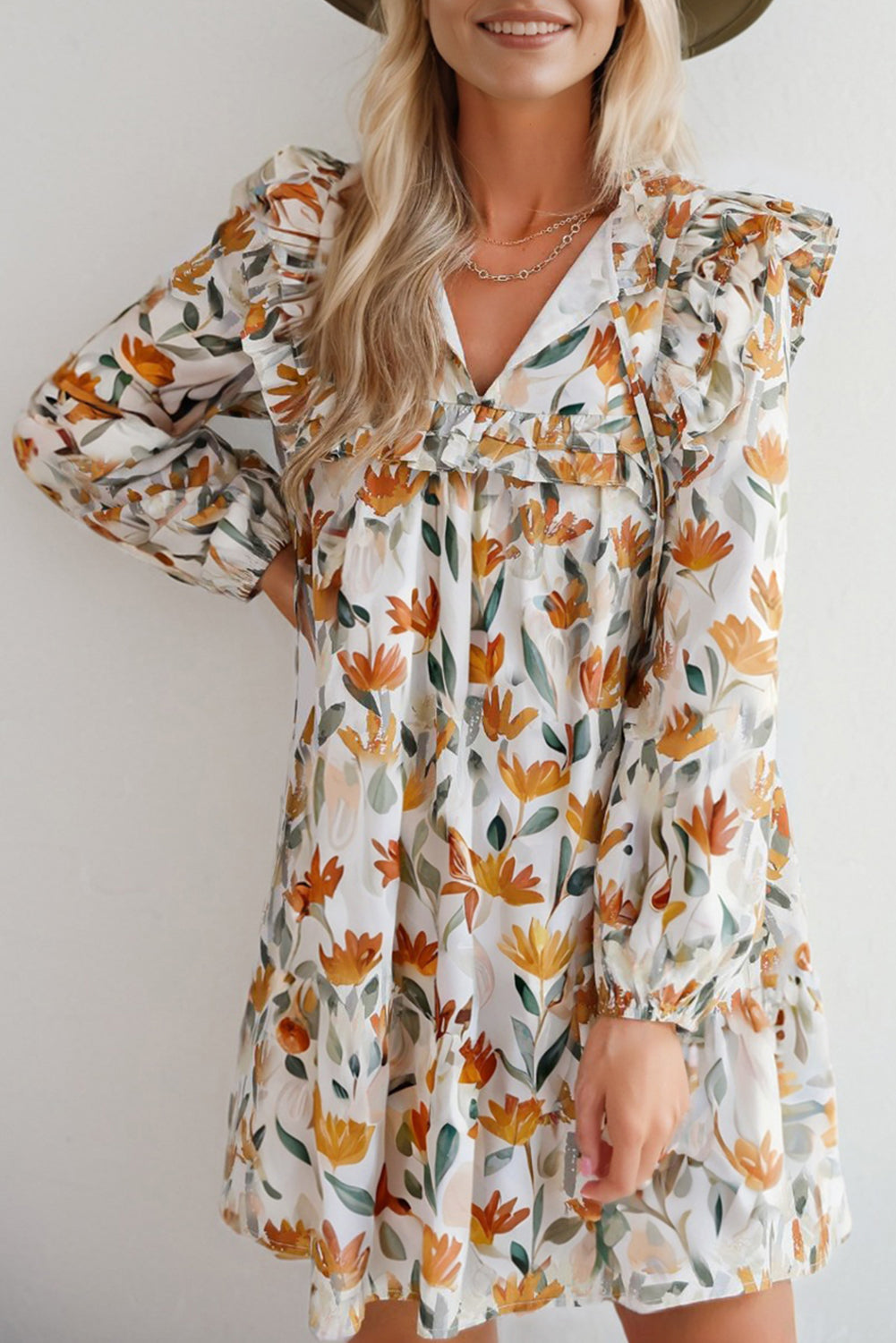 Yellow Floral Print Tie Neck Frilled Long Sleeve Mini Dress Dear-Lover Dropshipping