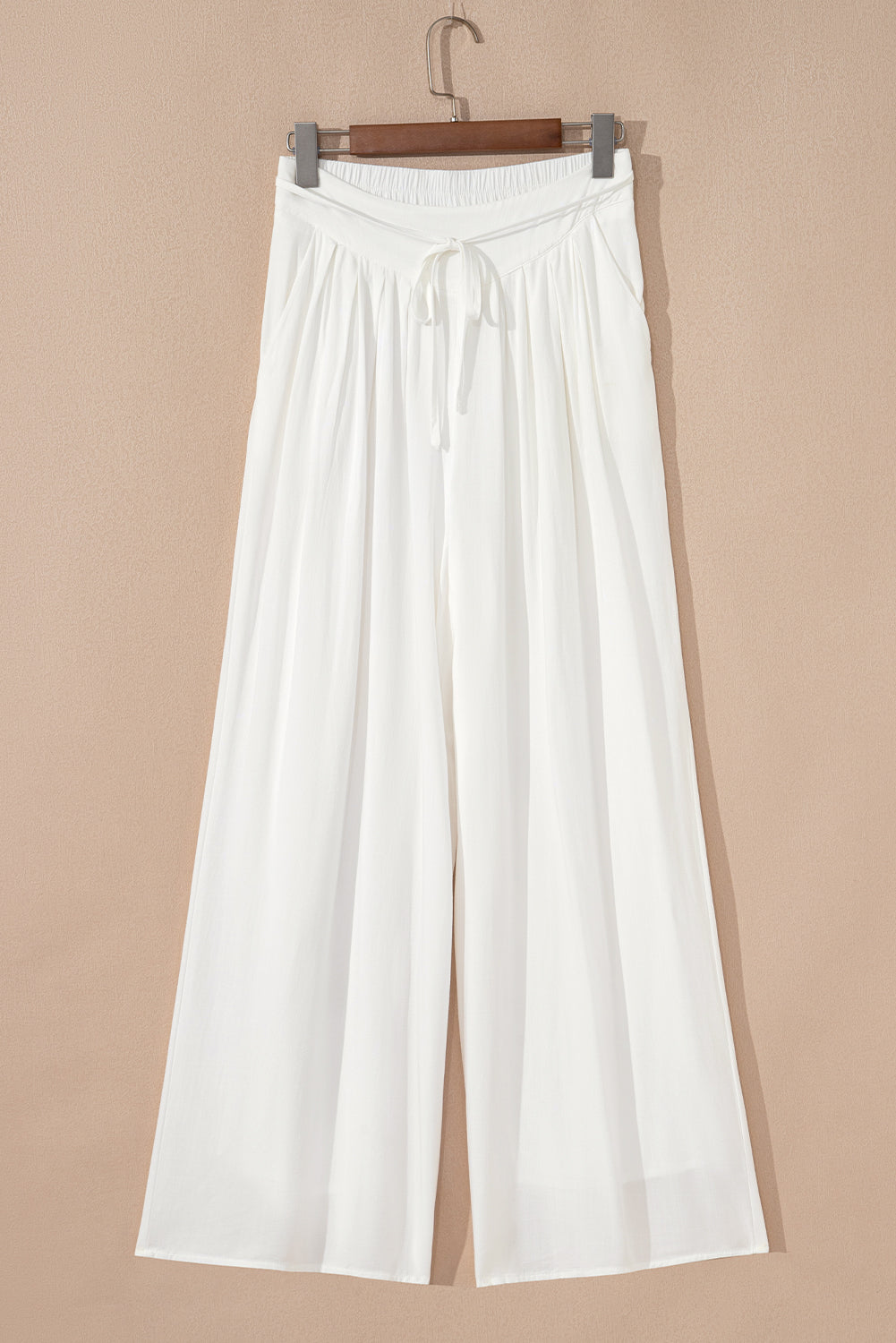 White Solid Drop Waist Pleated Wide Leg Casual Pants Love Salve