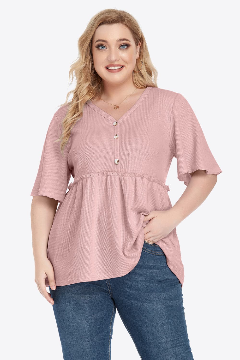 Plus Size Buttoned V-Neck Frill Trim Babydoll Blouse.