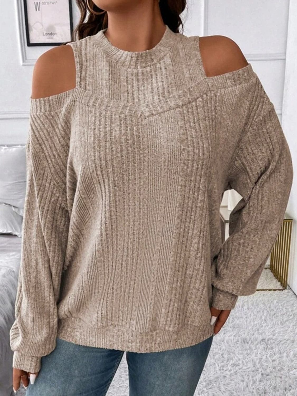 Round Neck Cold Shoulder Sweater.