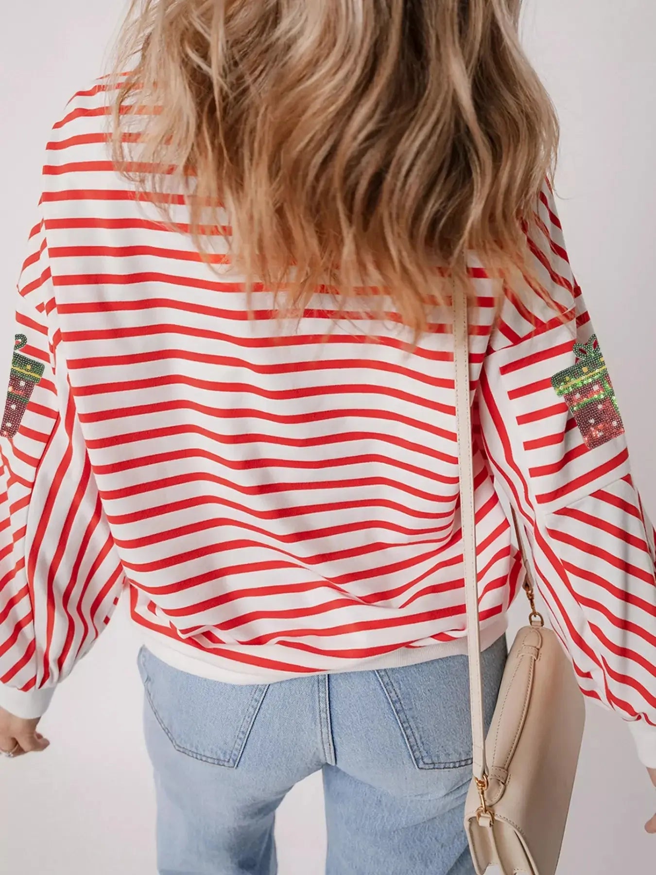 Stripe Sequin Christmas Gift Patched Drop Shoulder Sweatshirt Simply Love