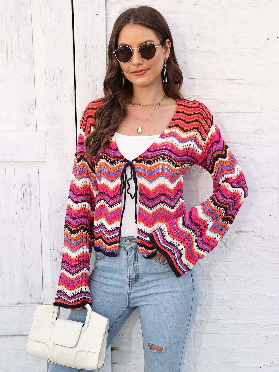 Striped Openwork Tied Cardigan.