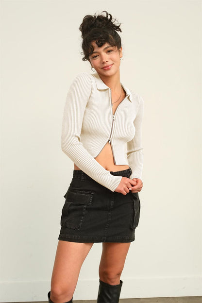 HYFVE Ribbed Double Zip Cropped Cardigan.