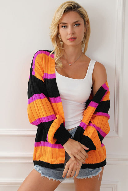 Ribbed Striped Open Front Long Sleeve Cardigan.