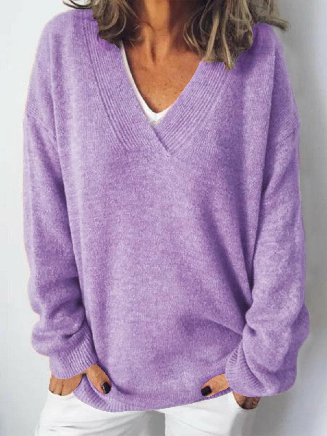 V-Neck Dropped Shoulder SweaterV-Neck Dropped Shoulder Sweater
 Upgrade your sweater collection with our V-Neck Dropped Shoulder Sweater, a perfect blend of style and comfort.
 Features:
 
 
BasicLove Salve -Neck Dropped Shoulder SweaterKnit Tops